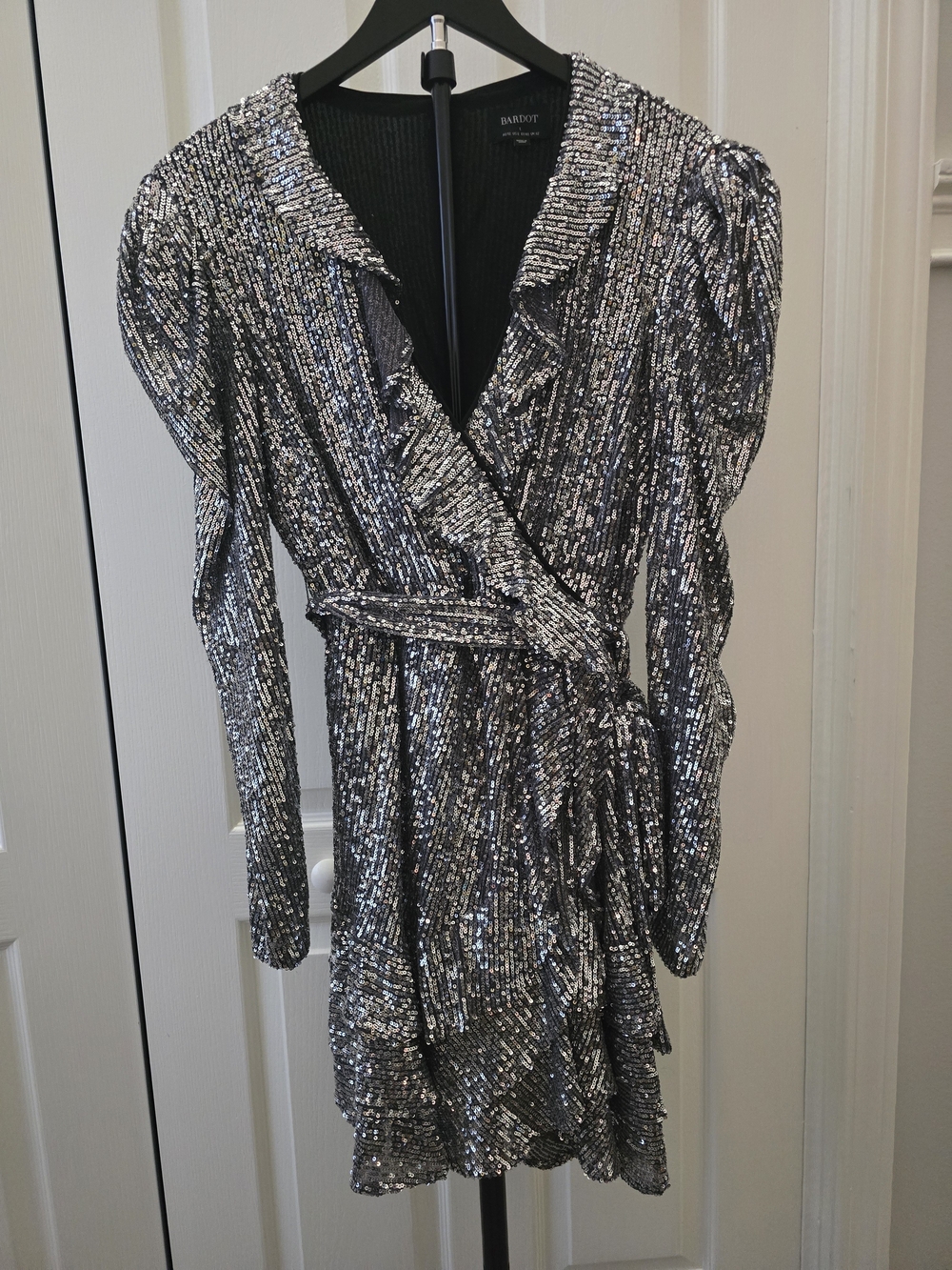 Bardot Metallic Silver Sequin Wrap Mini Dress